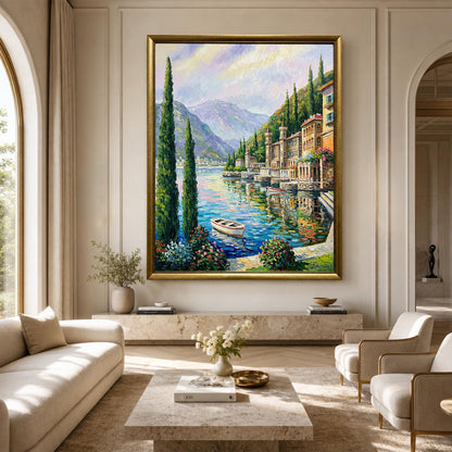 Lake Como Bellagio Oil Painting on Canvas | Hand Painted Varenna Italy Artwork | Large Italian Scenery Wall Art