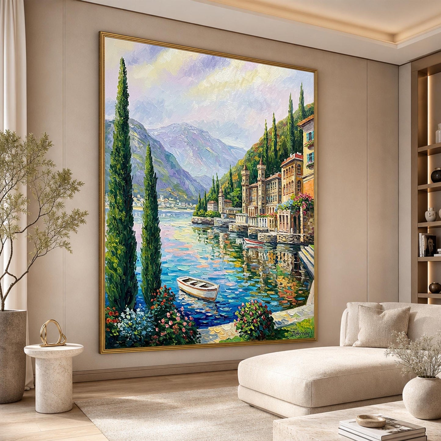 Lake Como Bellagio Oil Painting on Canvas | Hand Painted Varenna Italy Artwork | Large Italian Scenery Wall Art