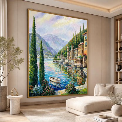 Lake Como Bellagio Oil Painting on Canvas | Hand Painted Varenna Italy Artwork | Large Italian Scenery Wall Art