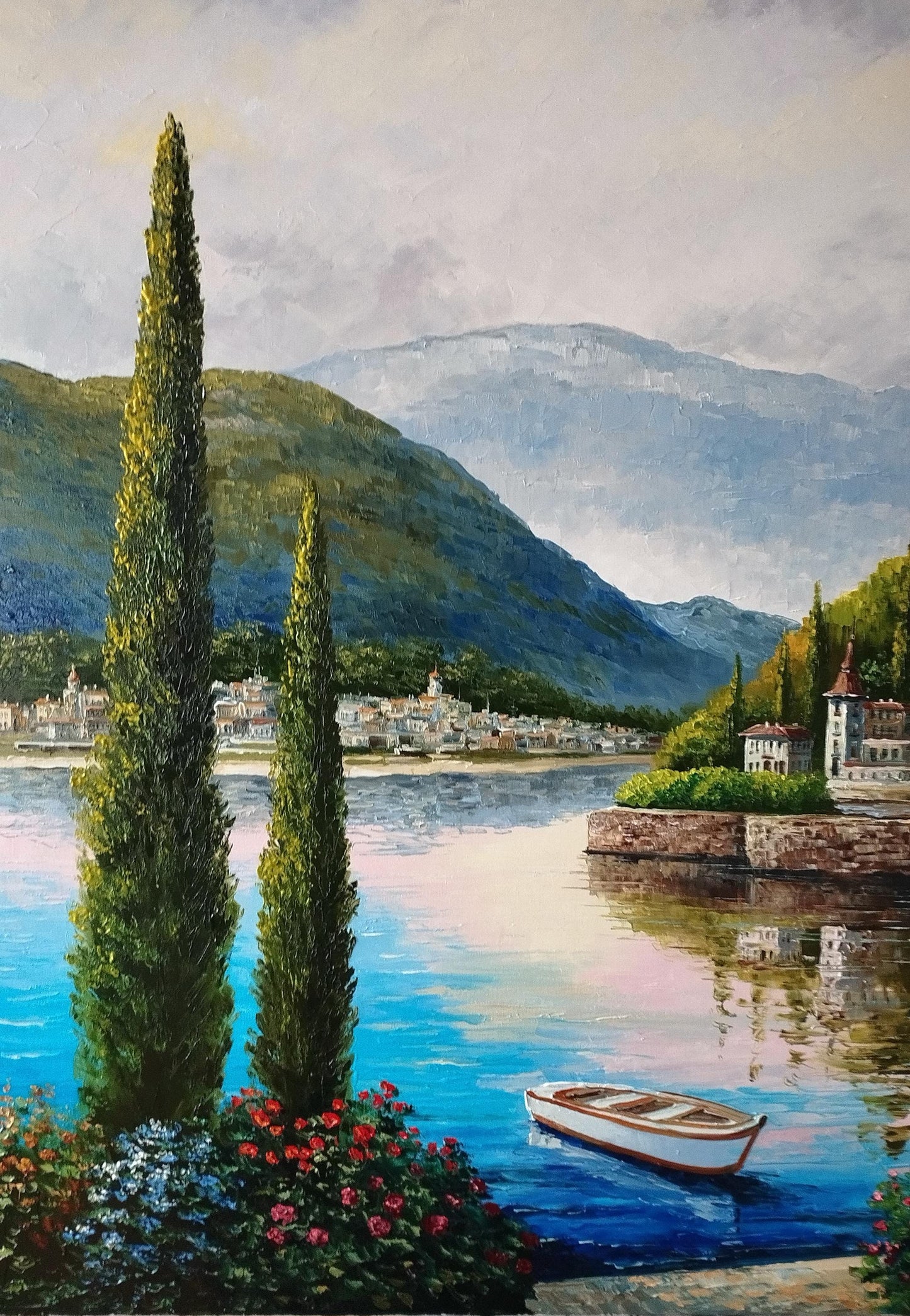 Lake Como Bellagio Oil Painting on Canvas | Hand Painted Varenna Italy Artwork | Large Italian Scenery Wall Art