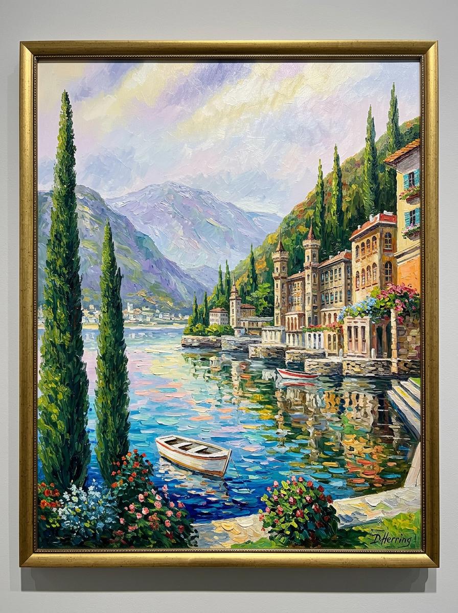 Lake Como Bellagio Oil Painting on Canvas | Hand Painted Varenna Italy Artwork | Large Italian Scenery Wall Art