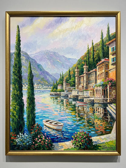 Lake Como Bellagio Oil Painting on Canvas | Hand Painted Varenna Italy Artwork | Large Italian Scenery Wall Art