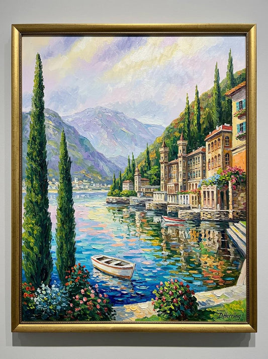 Lake Como Bellagio Oil Painting on Canvas | Hand Painted Varenna Italy Artwork | Large Italian Scenery Wall Art