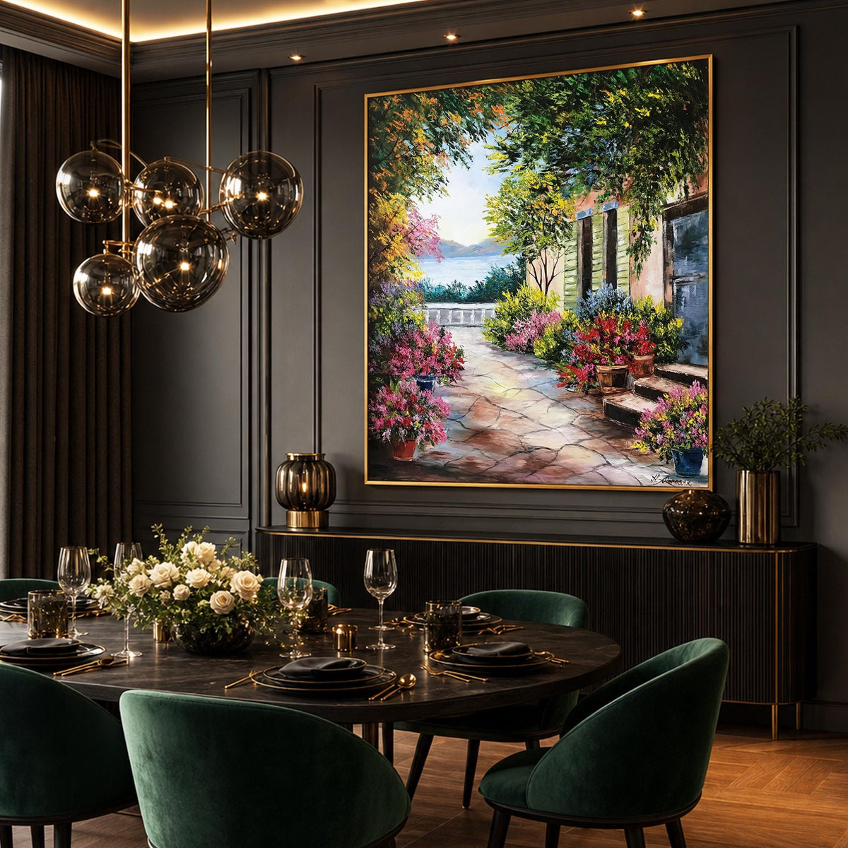 Italian Villa Oil Painting on Canvas, Large Mediterranean Garden Wall Art, Hand Painted Sorrento Artwork