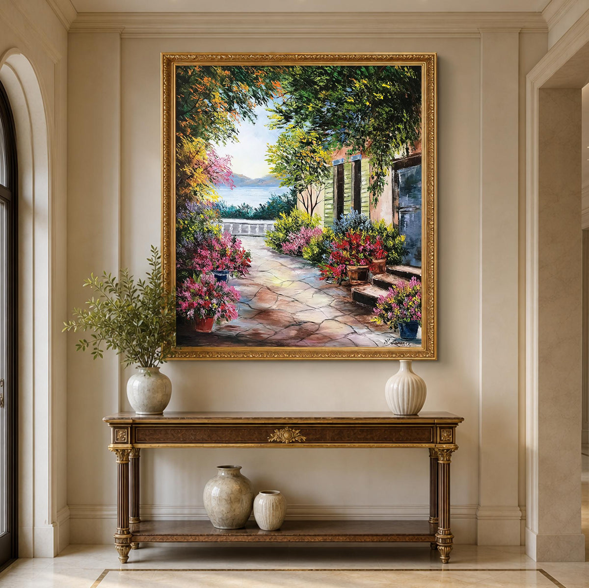 Italian Villa Oil Painting on Canvas, Large Mediterranean Garden Wall Art, Hand Painted Sorrento Artwork