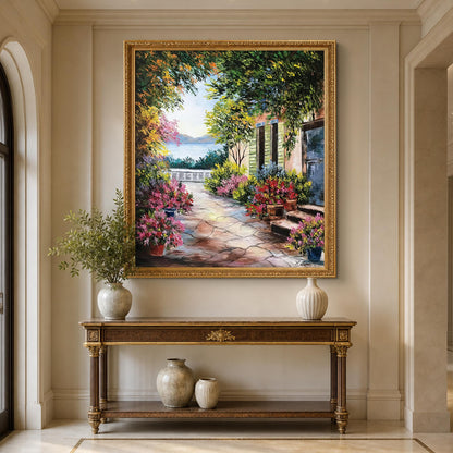 Italian Villa Oil Painting on Canvas, Large Mediterranean Garden Wall Art, Hand Painted Sorrento Artwork
