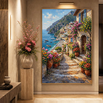 Positano Amalfi Coast Oil Painting on Canvas | Original Italian Street Scene Art | Italy Coastal Painting, Lemon Tree Artwork