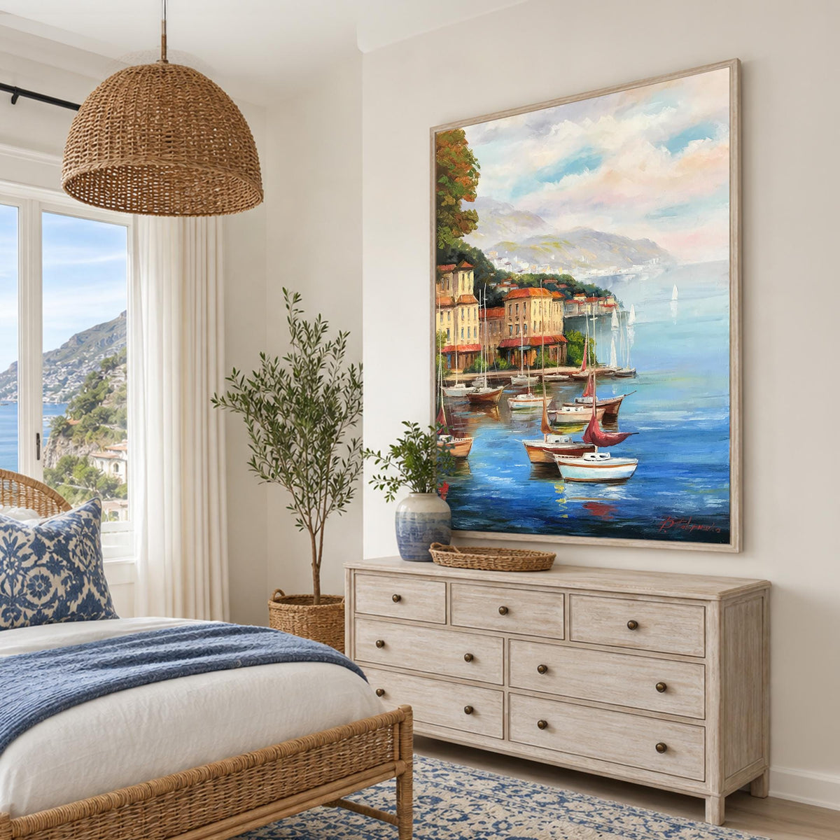 Portofino Oil Painting Original | Italian Riviera Art | Custom Large Handmade Italy Coast Painting on Canvas, Fishing Boats Along Portofino Coast Artwork