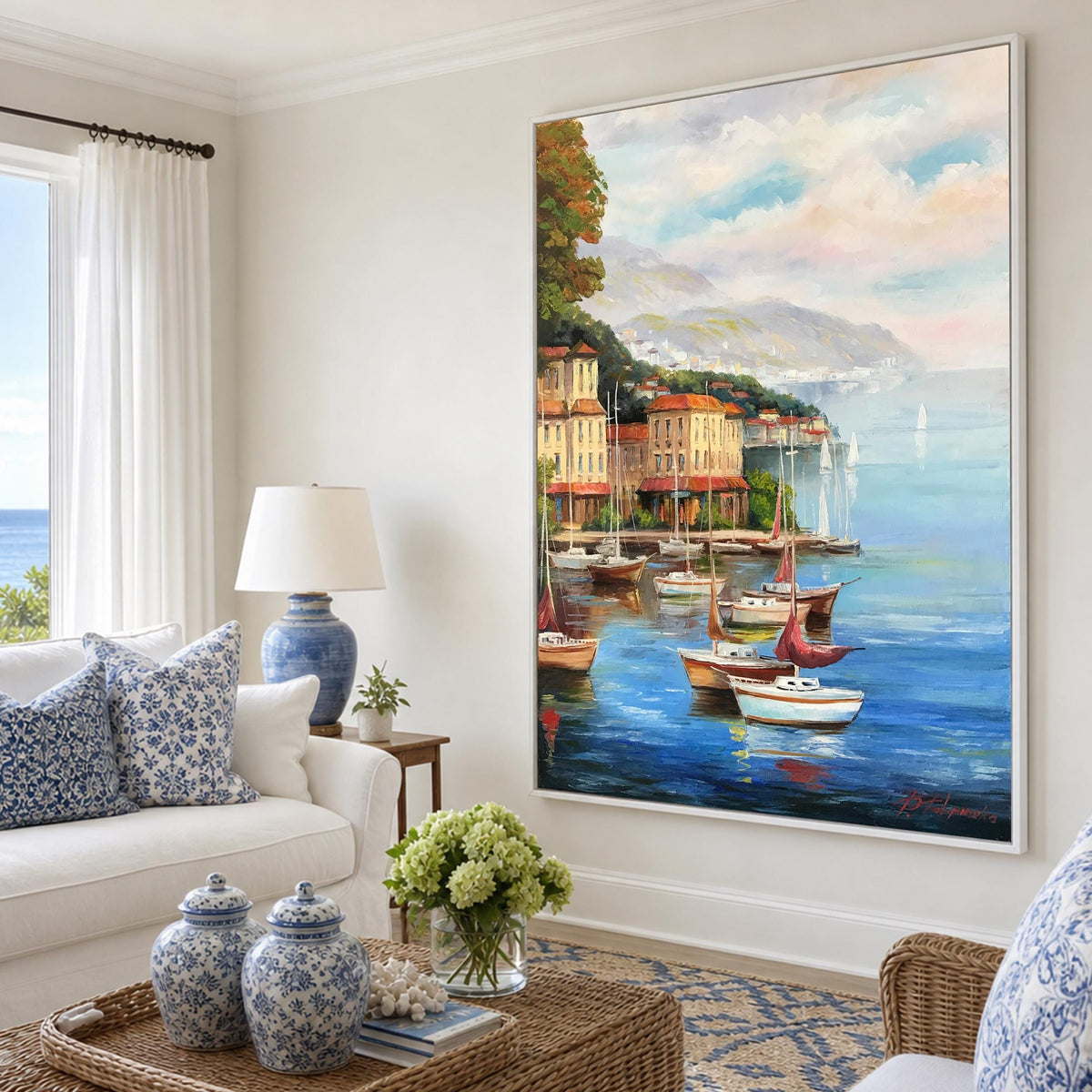 Portofino Oil Painting Original | Italian Riviera Art | Custom Large Handmade Italy Coast Painting on Canvas, Fishing Boats Along Portofino Coast Artwork