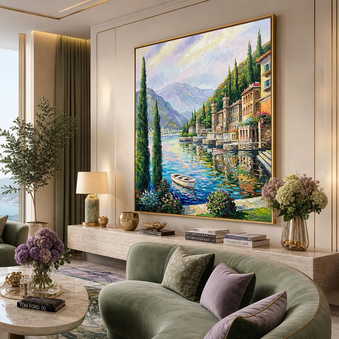 Lake Como Bellagio Oil Painting on Canvas | Hand Painted Varenna Italy Artwork | Large Italian Scenery Wall Art