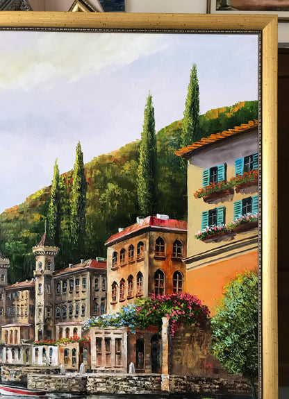Lake Como Bellagio Oil Painting on Canvas | Hand Painted Varenna Italy Artwork | Large Italian Scenery Wall Art