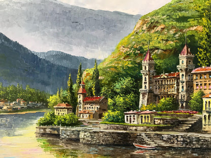 Lake Como Bellagio Oil Painting on Canvas | Hand Painted Varenna Italy Artwork | Large Italian Scenery Wall Art