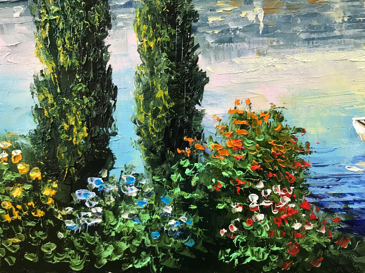 Lake Como Bellagio Oil Painting on Canvas | Hand Painted Varenna Italy Artwork | Large Italian Scenery Wall Art