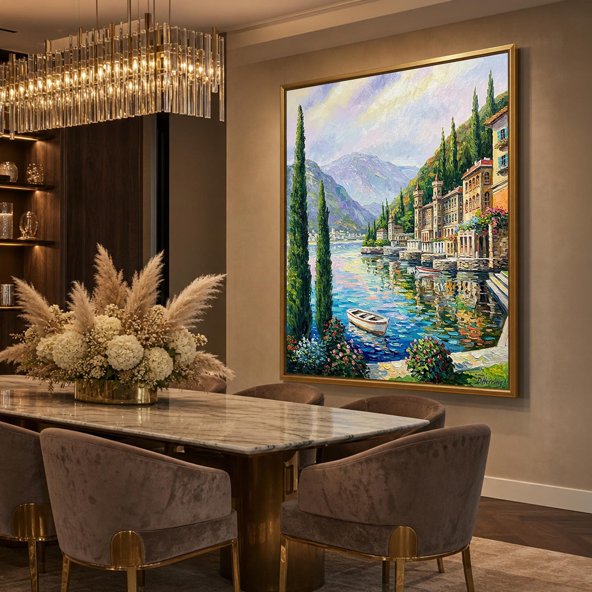Lake Como Bellagio Oil Painting on Canvas | Hand Painted Varenna Italy Artwork | Large Italian Scenery Wall Art