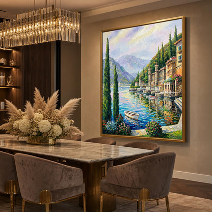 Lake Como Bellagio Oil Painting on Canvas | Hand Painted Varenna Italy Artwork | Large Italian Scenery Wall Art