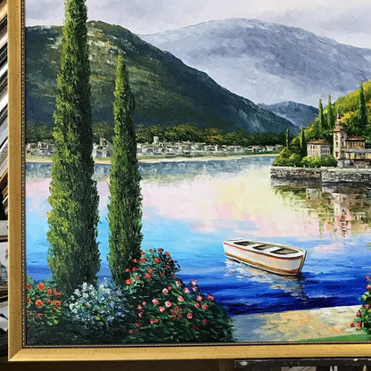 Lake Como Bellagio Oil Painting on Canvas | Hand Painted Varenna Italy Artwork | Large Italian Scenery Wall Art