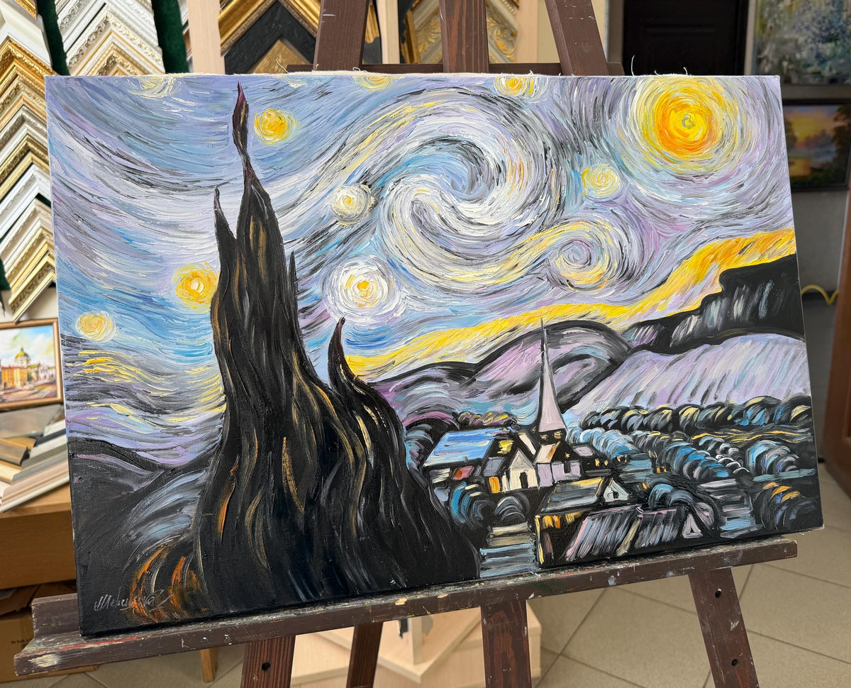 Van Gogh Starry Night Oil Painting, Impasto Hand Painted Reproduction on Canvas, Original Night Sky Wall Art
