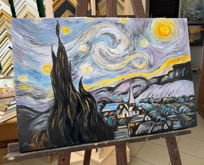 Van Gogh Starry Night Oil Painting, Impasto Hand Painted Reproduction on Canvas, Original Night Sky Wall Art