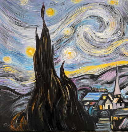 Van Gogh Starry Night Oil Painting, Impasto Hand Painted Reproduction on Canvas, Original Night Sky Wall Art