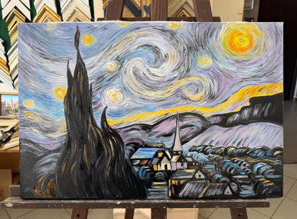 Van Gogh Starry Night Oil Painting, Impasto Hand Painted Reproduction on Canvas, Original Night Sky Wall Art