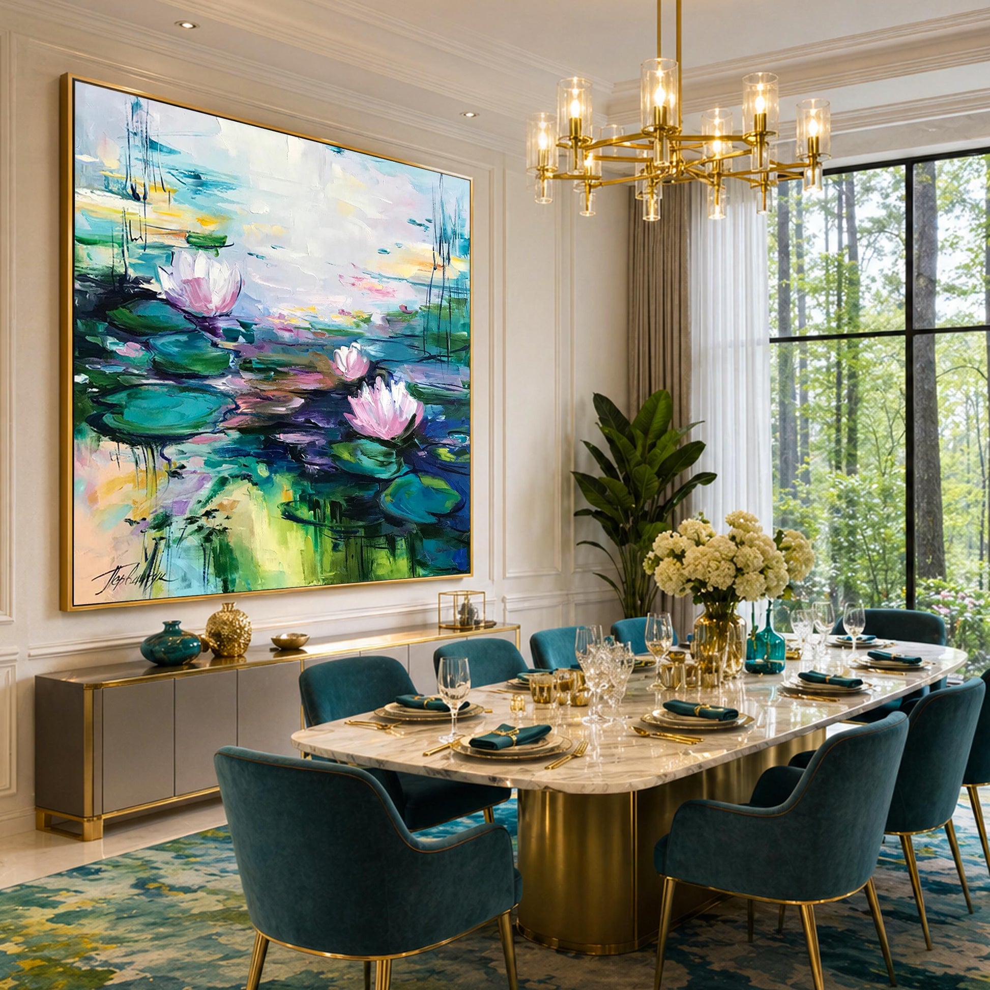 impressionist lotus pond painting in dning room