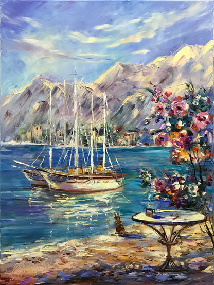 Positano Coast Oil Painting Original Italian Art Decor Sea Boat Artwork Mediterranean Sea Painting Italy Wall Art Amalfi Coast Painting