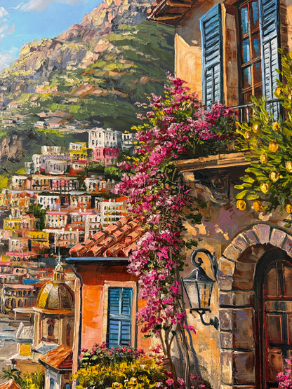 Positano Amalfi Coast Oil Painting on Canvas | Original Italian Street Scene Art | Italy Coastal Painting, Lemon Tree Artwork