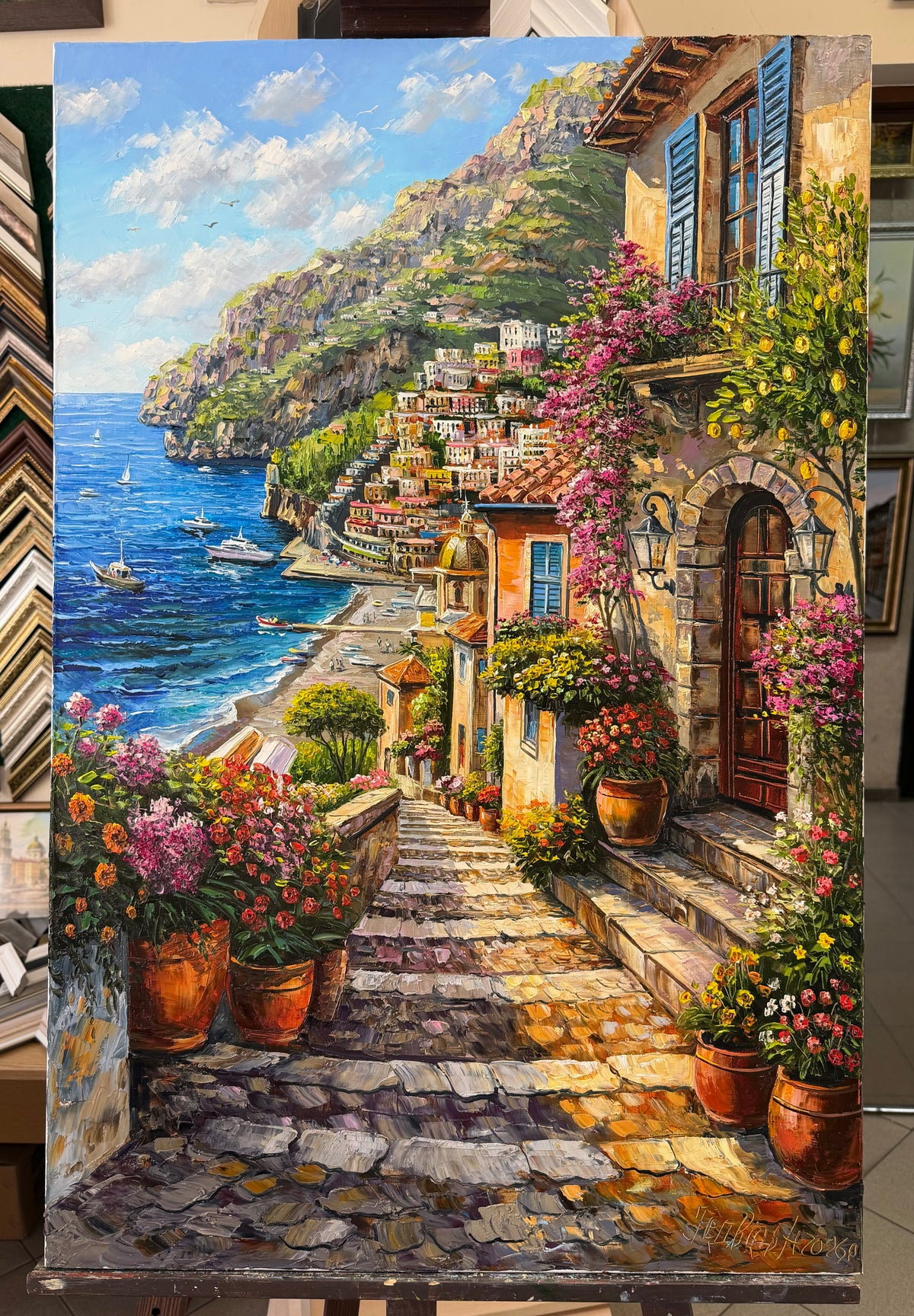 Positano Amalfi Coast Oil Painting on Canvas | Original Italian Street Scene Art | Italy Coastal Painting, Lemon Tree Artwork