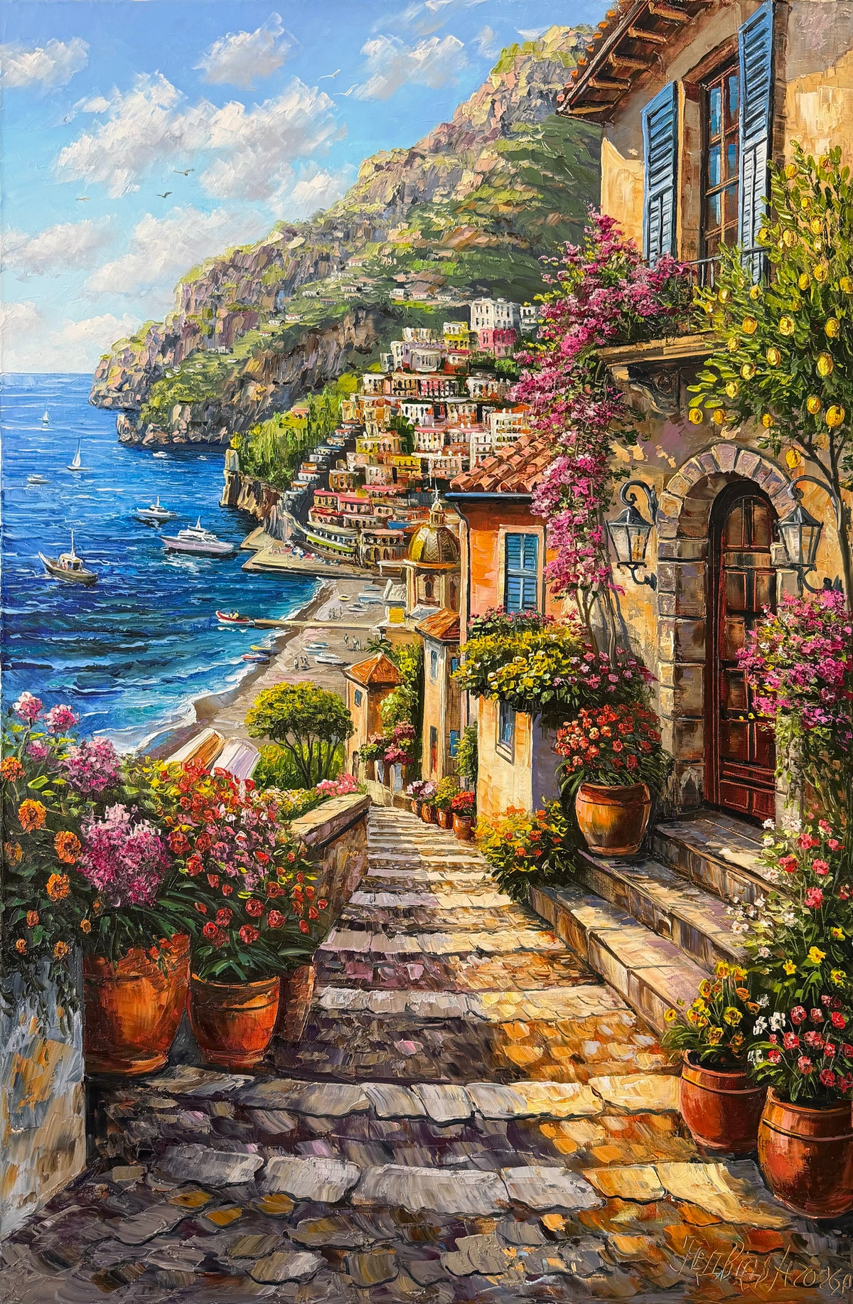 Positano Amalfi Coast Oil Painting on Canvas | Original Italian Street Scene Art | Italy Coastal Painting, Lemon Tree Artwork
