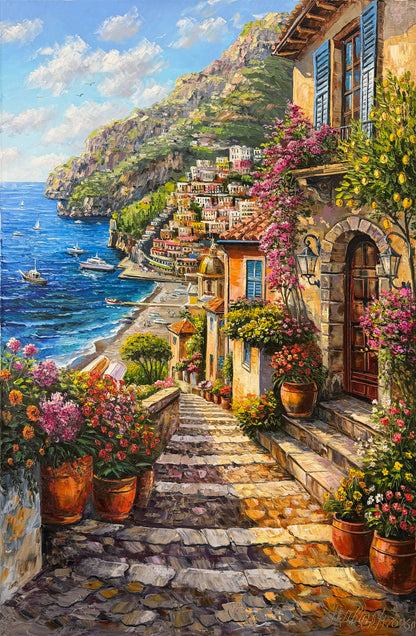 Positano Amalfi Coast Oil Painting on Canvas | Original Italian Street Scene Art | Italy Coastal Painting, Lemon Tree Artwork
