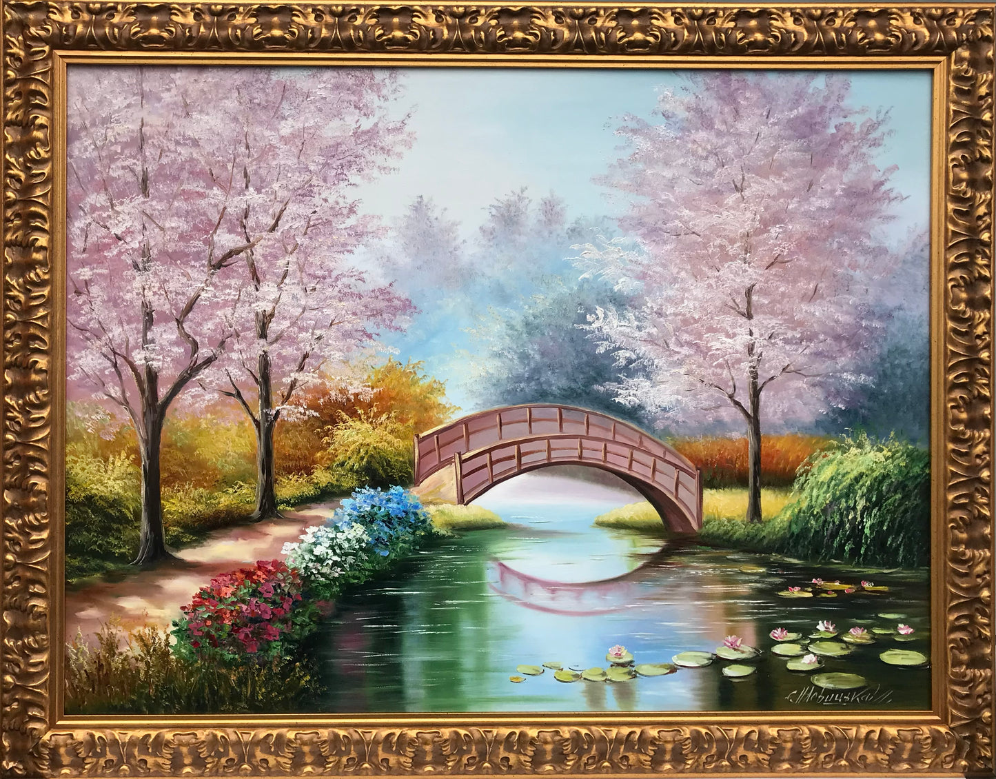 Japanese Garden Painting on Canvas Claude Monet Water Lily Pond Oil Painting Original Pink Cherry Blossom Painting