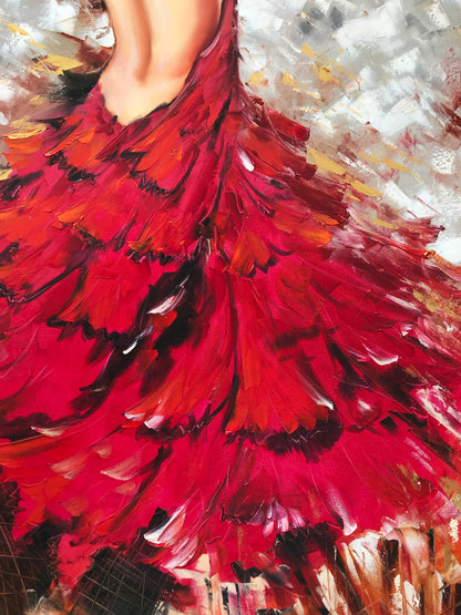 Lady in Red Oil Painting Original Woman Back Painting Abstract Woman in Red Dress Wall Art