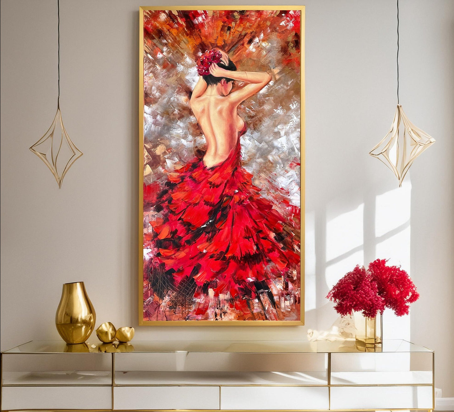 Lady in Red Oil Painting Original Woman Back Painting Abstract Woman in Red Dress Wall Art