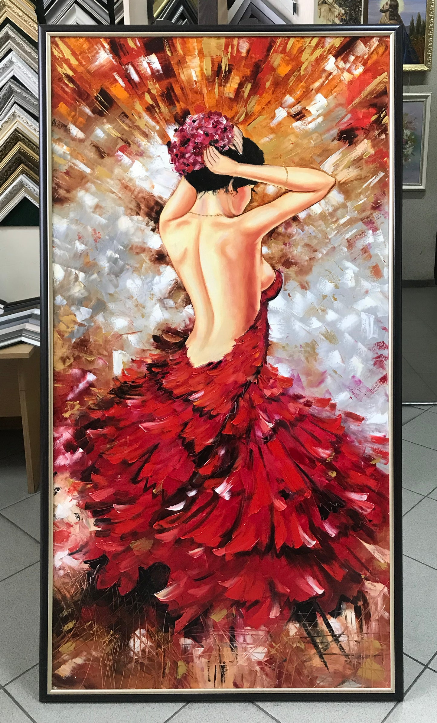 Lady in Red Oil Painting Original Woman Back Painting Abstract Woman in Red Dress Wall Art