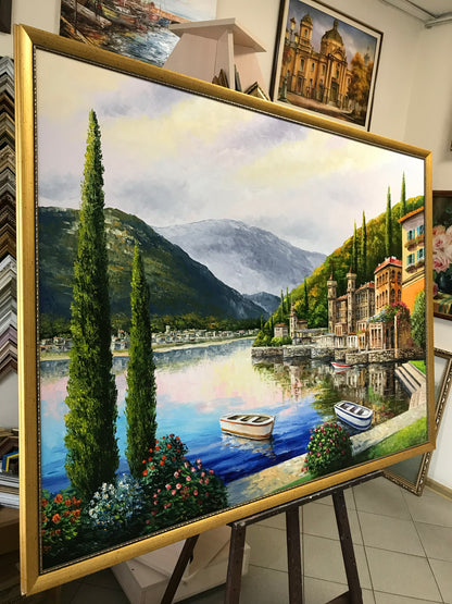Lake Como Italy Oil Painting Original Famous Bellagio Italy Painting Varenna Wall Art Lago Di Como Italy Paintings