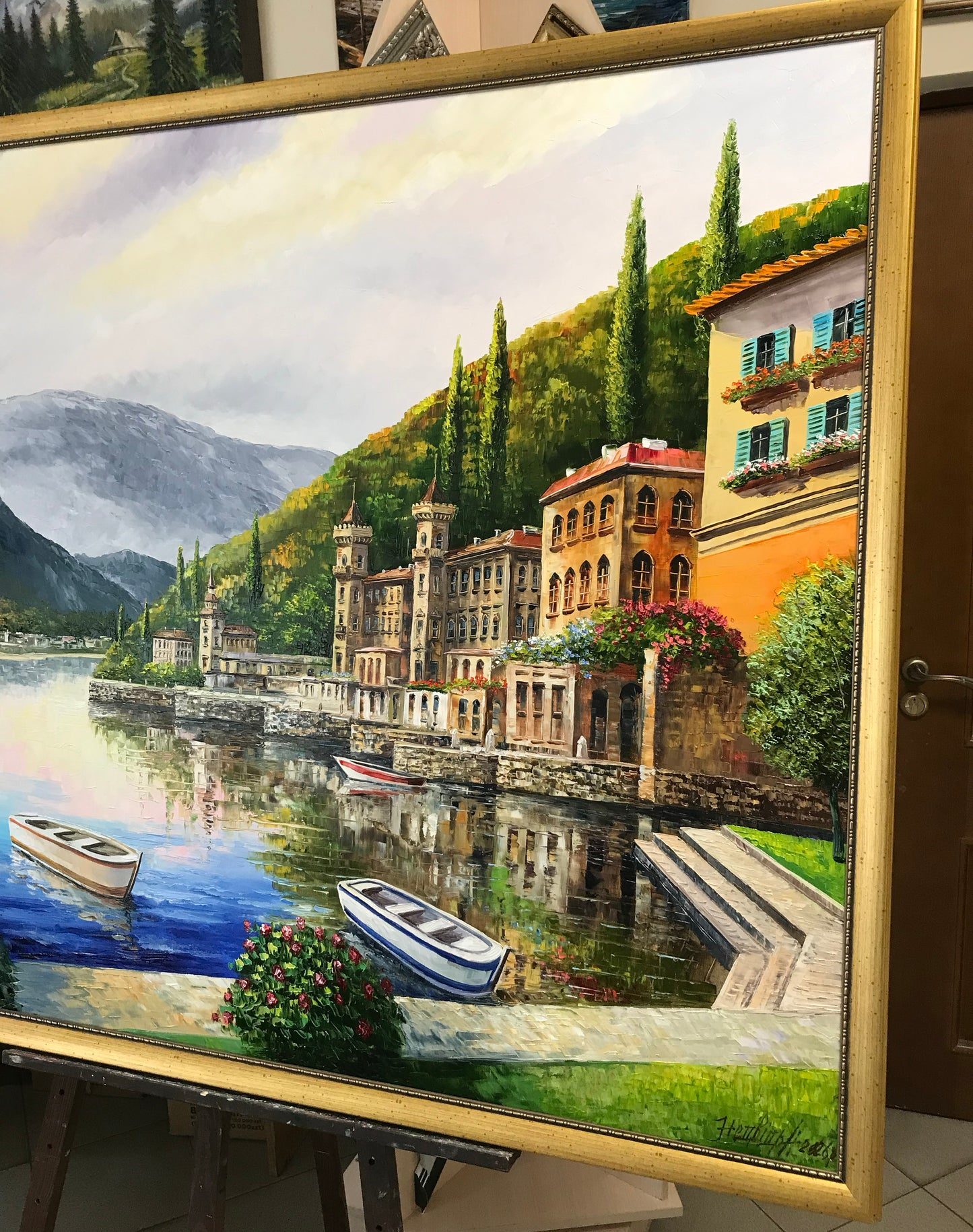 Lake Como Italy Oil Painting Original Famous Bellagio Italy Painting Varenna Wall Art Lago Di Como Italy Paintings