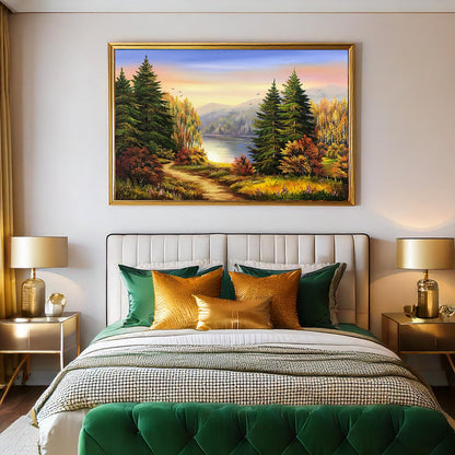 Autumn Forest Oil Painting Original Fall Mountain Landscape Painting Handmade Autumn Scene Art Fall Wall Decor Mountain with Pine Trees Painting