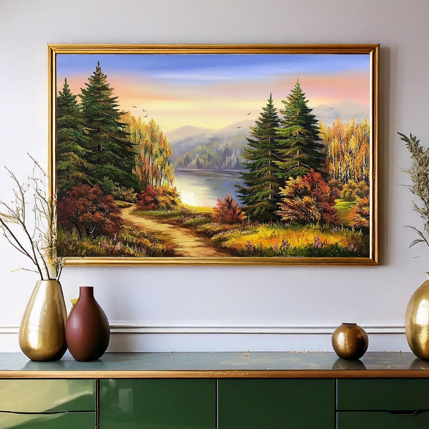 Autumn Forest Oil Painting Original Fall Mountain Landscape Painting Handmade Autumn Scene Art Fall Wall Decor Mountain with Pine Trees Painting