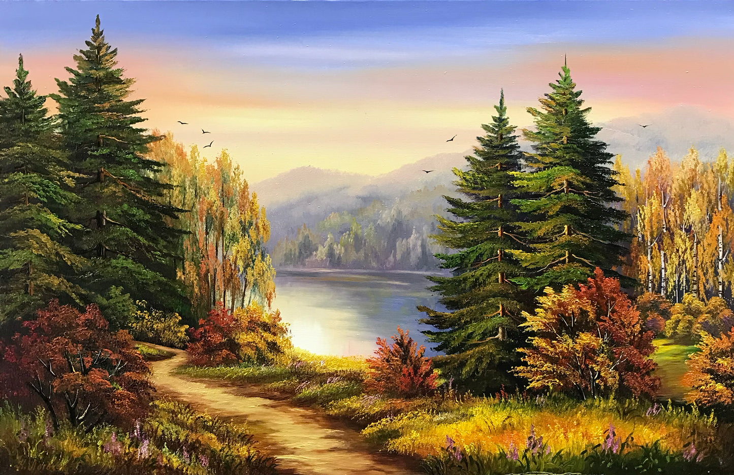 Autumn Forest Oil Painting Original Fall Mountain Landscape Painting Handmade Autumn Scene Art Fall Wall Decor Mountain with Pine Trees Painting