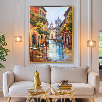 European Street Scene Paintings on Canvas Old Town Framed Art Paintings of European Cities Wall Art