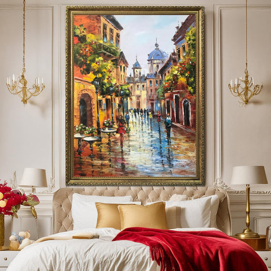 European Street Scene Paintings on Canvas Old Town Framed Art Paintings of European Cities Wall Art