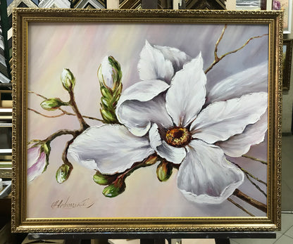 White Magnolia Painting Original Beige Flower Wall Art Single Flower Painting Magnolia Art Extra Large Flower Paintings on Canvas