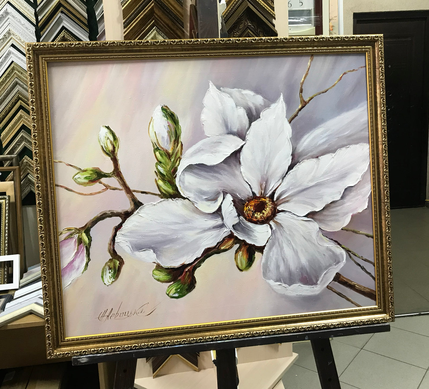 White Magnolia Painting Original Beige Flower Wall Art Single Flower Painting Magnolia Art Extra Large Flower Paintings on Canvas