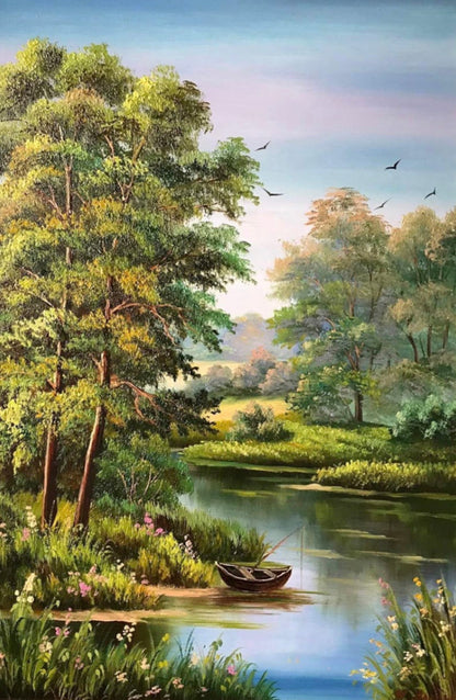 Forest River Oil Painting Original Vertical Landscape Wall Art Green Forest Artwork River Panorama Wall Art Countryside Nature Oil Painting