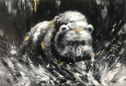 Abstract Bear Painting on Canvas Black and White Bear Art Large Abstract Animal Paintings Bear Artwork