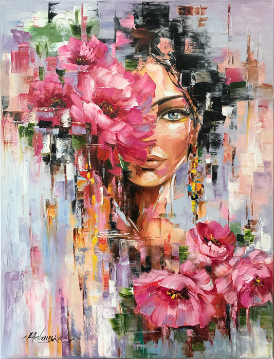 Flower Head Girl Painting Original Woman with Flower Head Wall Art Beautiful Girl with Flowers Painting Abstract Female Face Art