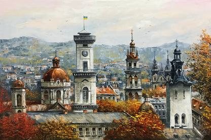 Old City Painting on Canvas European Town Painting Lviv Ukraine Artists Artwork European Landscape Paintings