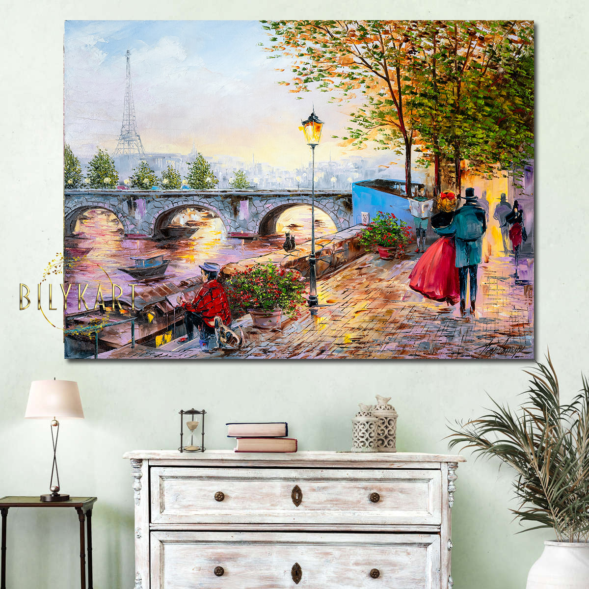 Night In Paris Painting on Canvas, Parisian Wall Decor, Couple Walking in Paris Painting, Eiffel Tower Wall Art
