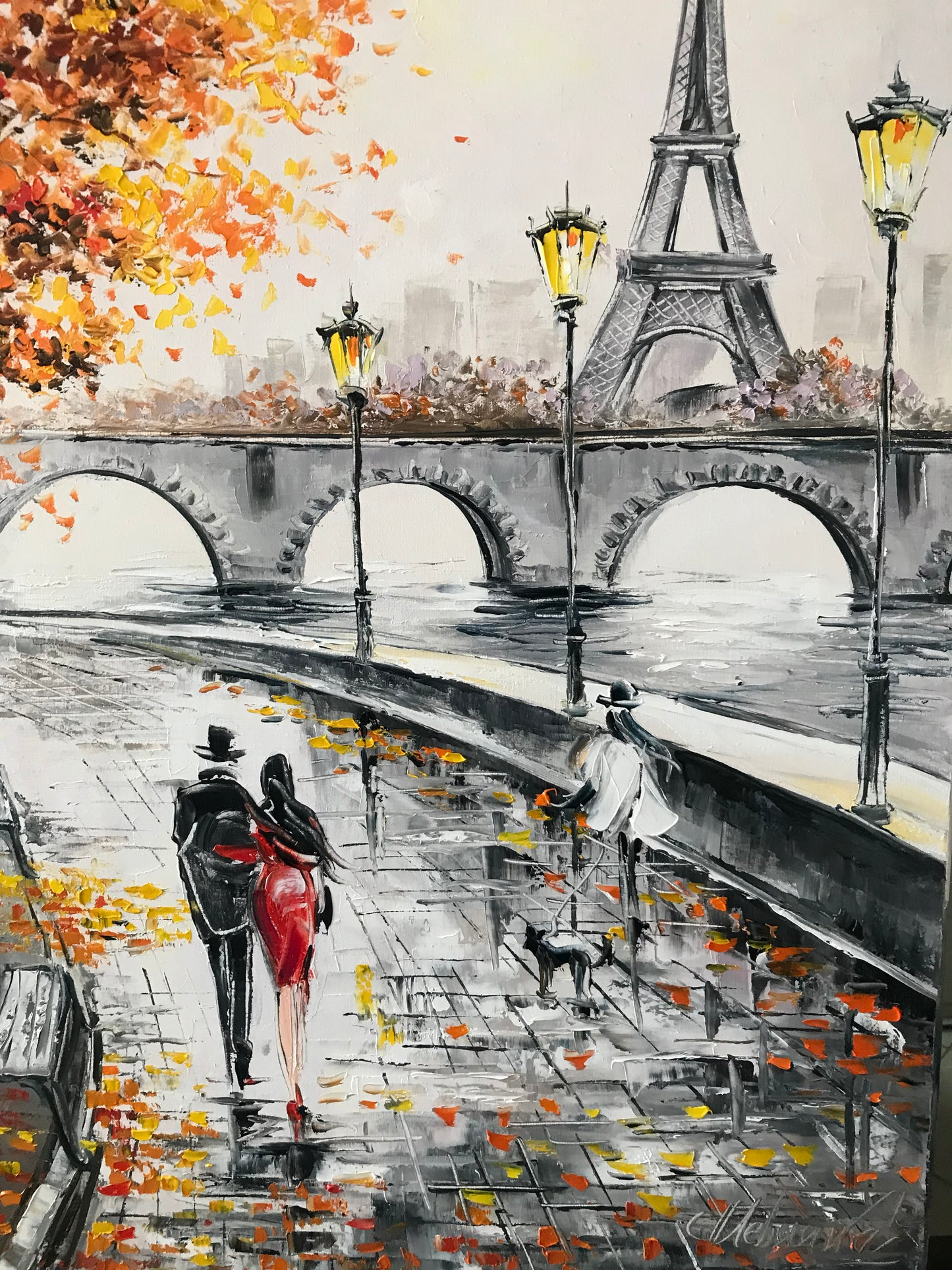 Autumn in Paris Painting on Canvas Romantic Couple Art Fall Oil Painting Eiffel Tower Wall Decor Paris Street Scene Oil Painting Romantic Painting