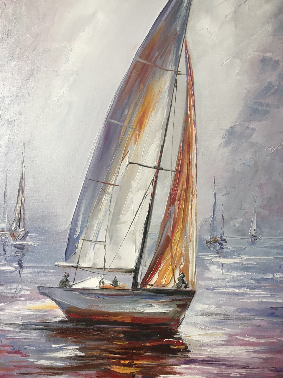 Sail Boat Painting Sunset Oil Painting Original Sea boat Art Decor Harbor Painting Framed Ship Wall Art Canvas Boat Yacht Oil Painting